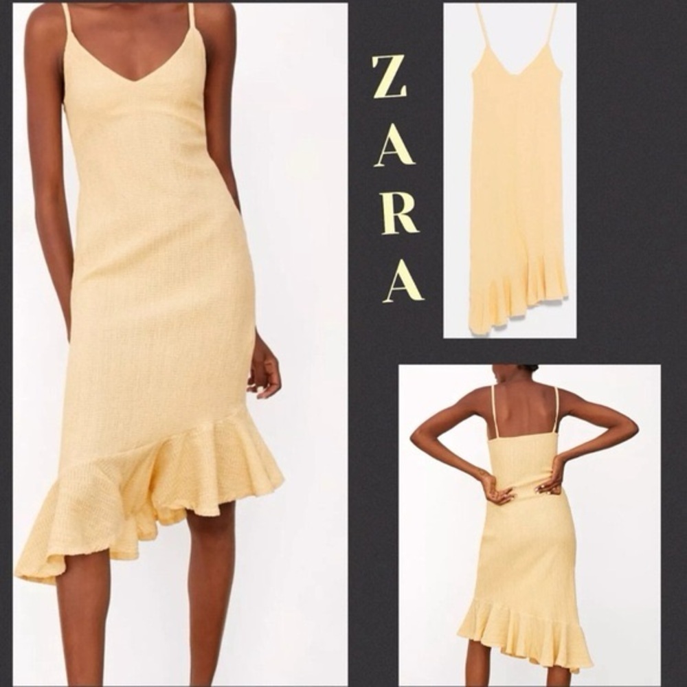 Zara Yellow Textured Weave Dress with Asymmetrical Ruffle